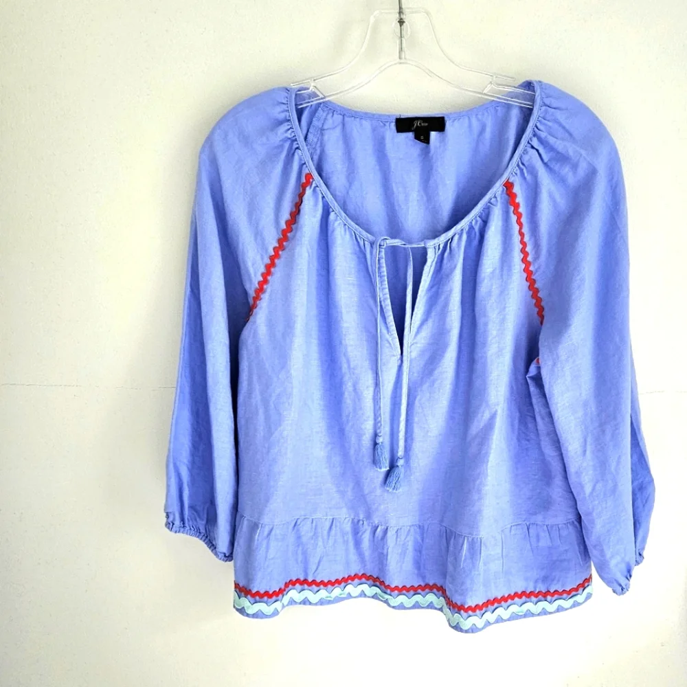 J. Crew Linen blend Peplum Blue ric rac blouse